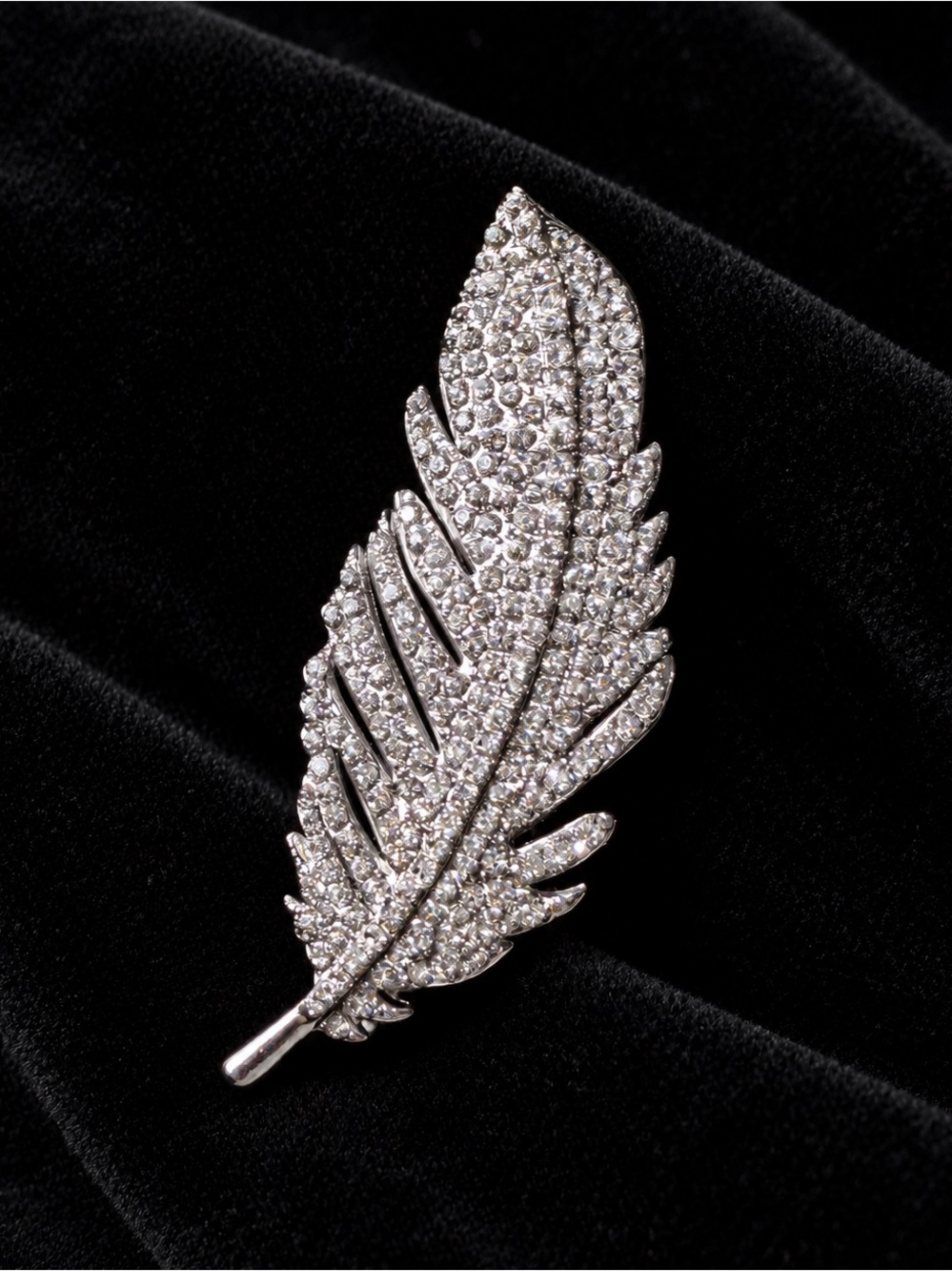 Elegant Silver Crystal Feather Brooch